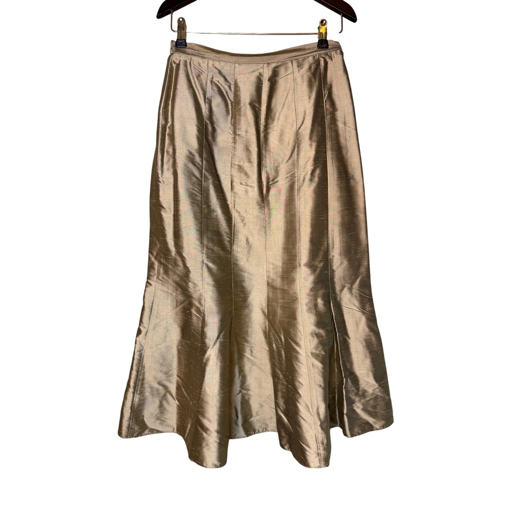 Lily & Taylor Womens 4 Champagne Gold 100% Raw Silk Midi Trumpet Skirt Made USA